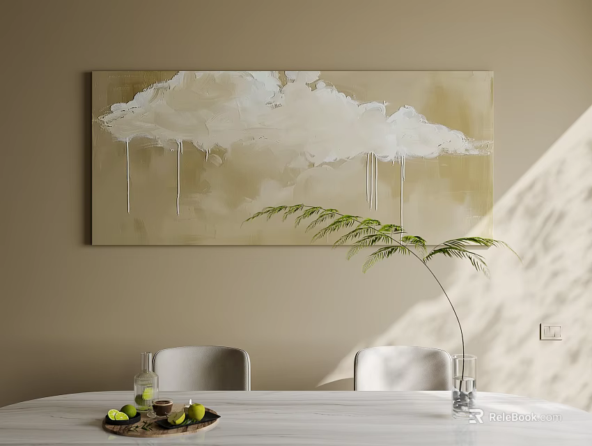 Abstract Painting With Beige White Cloud Like Drip Effect For Wall Decor In Dining Room 3d model 