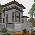 Modern Detached Villa With Stone Exterior Large Windows Balcony Green Trees Courtyard And Outdoor Furniture
