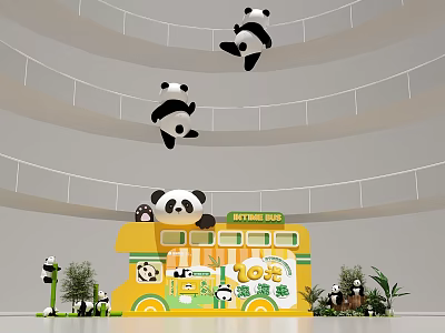 Yellow Bus Shaped Stage With Hanging Pandas Decorations Plants And Nothing But Sign 3d model