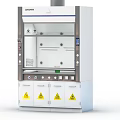 Laboratory Fume Hood Featuring Glass Door Control Panel And Warning Sign Cabinets