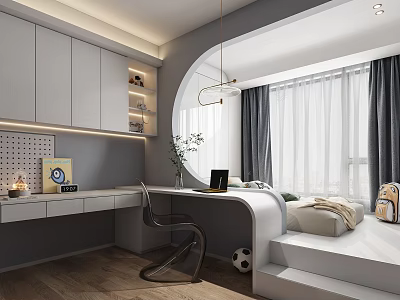 Modern Tatami Bedroom with Study Desk Window Curtains and Storage Cabinet 3d model