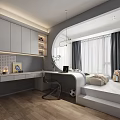 Modern Tatami Bedroom with Study Desk Window Curtains and Storage Cabinet