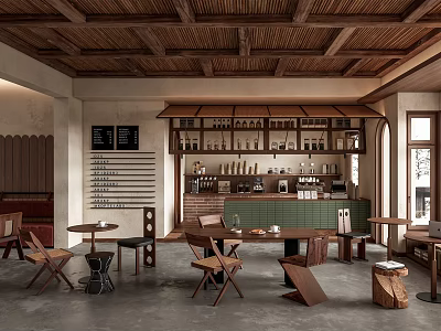 Rustic Coffee Shop Interior With Wooden Ceiling Tables Chairs And Coffee Display Shelves 3d model