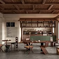 Rustic Coffee Shop Interior With Wooden Ceiling Tables Chairs And Coffee Display Shelves