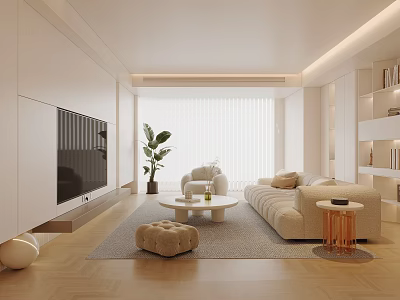 Cream Style Home Living Room Fabric Sofa Coffee Table Combination TV Background Wall Side Table Potted Plant Leisure Sofa Chair Venetian Blinds Jewelry Ornaments 3d model