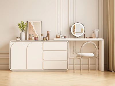 Modern White Dressing Table With Round Mirror Green Plant Skincare Bottles And Transparent Chair 3d model