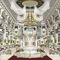 Grand Banquet Hall Interior With Chandelier White Columns Red Carpet And Fountain