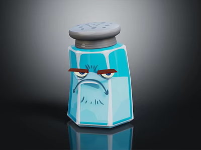 Blue Salt Shaker With Angry Face Expression Unique Design Gray Lid And Perforated Top 3d model