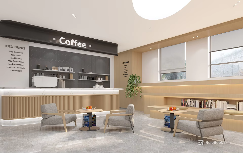 Book Integrated Interior Design With Coffee Area And Bookshelves 3d model