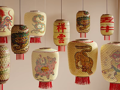 Traditional Chinese Lanterns Featuring Dragon Tiger Monkey Patterns And Red Tassels Hanging 3d model