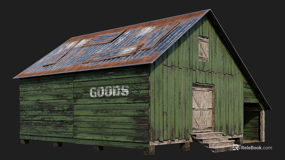 Aged Green Wooden Barn With Rusted Roof Walls GOODS Sign And Wooden Door Steps 3d model 
