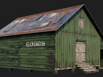 Aged Green Wooden Barn With Rusted Roof Walls GOODS Sign And Wooden Door Steps 3d model