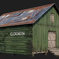 Aged Green Wooden Barn With Rusted Roof Walls GOODS Sign And Wooden Door Steps