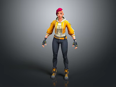 3D Game Character With Pink Hair Yellow Hoodie Dark Pants Yellow Boots And Gloves 3d model