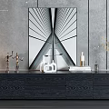 Modern Wooden TV Stand With Table Lamp Figurines Vase And Abstract Wall Art