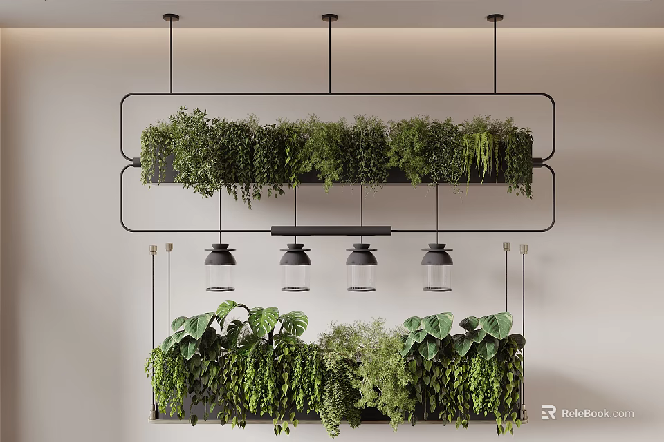 Stylish Indoor Hanging Basket Plants With Multiple Layers Metal Frame Green Foliage 3d model 