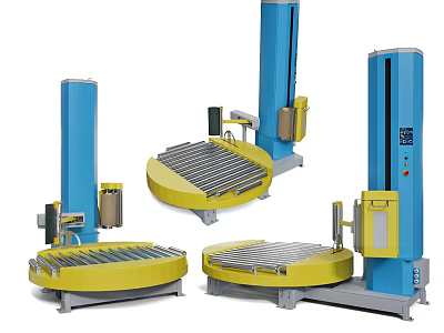 Industrial Automatic Wrapping Machines With Blue Body And Rotating Yellow Roller Platforms 3d model