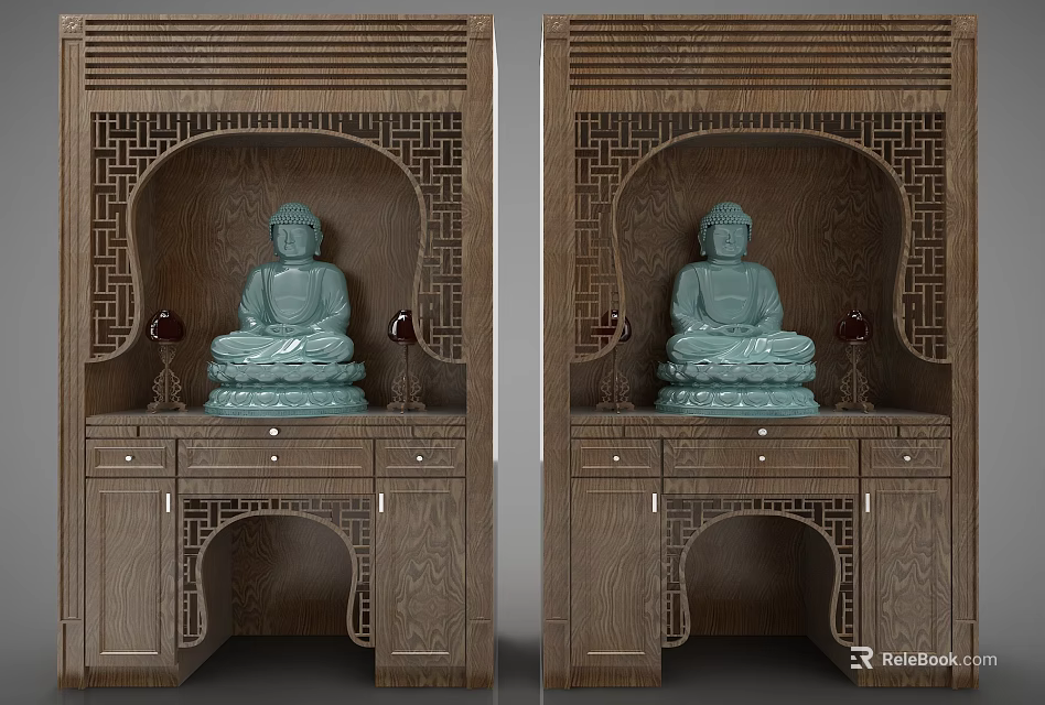 Wooden Buddhist Shrine Cabinet With Carved Patterns Buddha Statue And Decorative Elements 3d model 