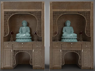 Wooden Buddhist Shrine Cabinet With Carved Patterns Buddha Statue And Decorative Elements 3d model