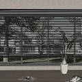 Bright Modern Interior Featuring White Venetian Blinds On Window With Potted Plant And Wooden Floor
