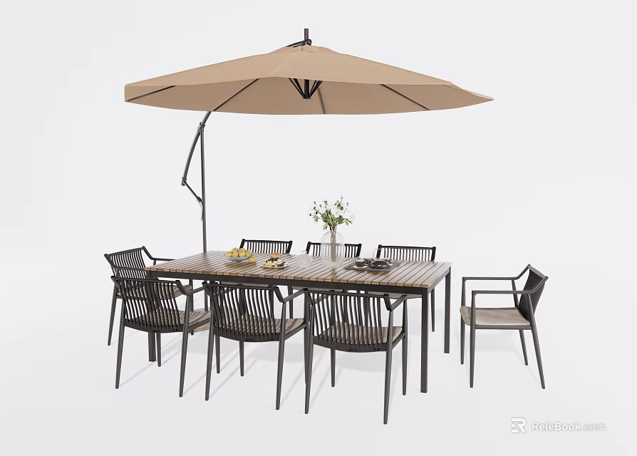 Outdoor Dining Table With Large Umbrella Chairs And Potted Plant For Patio Use 3d model 