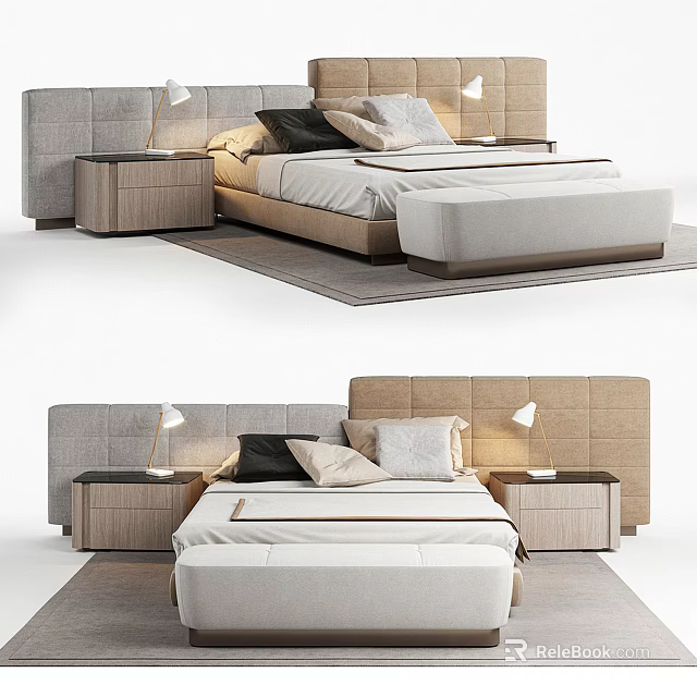 Modern Double Bed With Upholstered Headboard Bedside Tables Table Lamps And Footstool 3d model