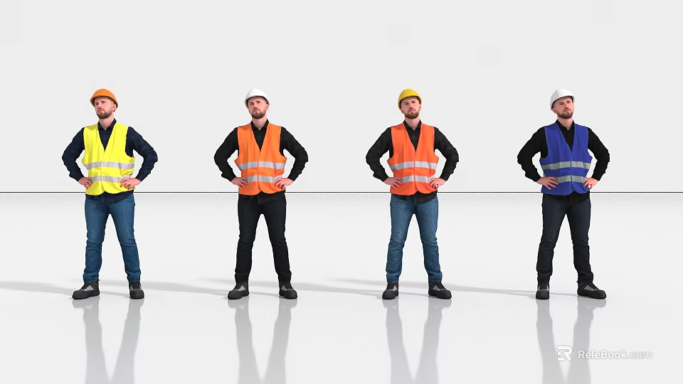 Four Men Wearing Colorful Safety Vests And Hard Hats Standing In A Row 3d model 