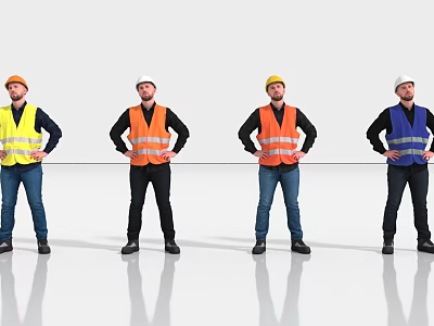 Four Men Wearing Colorful Safety Vests And Hard Hats Standing In A Row 3d model