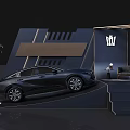 Black Crown Car Display On Modern Platform With Steps And Backdrop