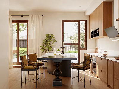 Bright Kitchen Interior With Wooden Cabinets Table Chairs And Green Plants Through Windows 3d model