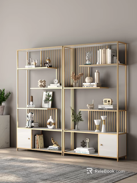 Modern Multi Layer Gold Frame Shelving Unit With Books Vases Plants And Decorations 3d model 