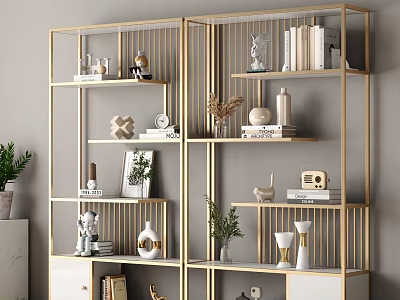 Modern Multi Layer Gold Frame Shelving Unit With Books Vases Plants And Decorations 3d model