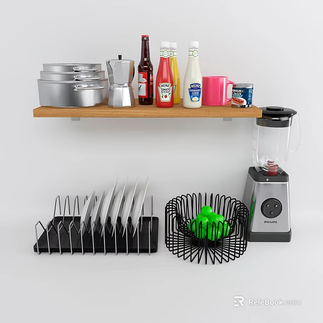 Kitchen Combination with Aluminum Shelf Coffee Pot Bottles Mug Knife Block Blender and Black Basket 3d model 