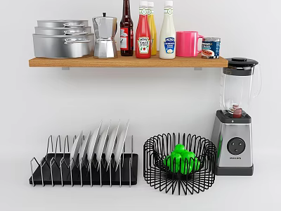 Kitchen Combination with Aluminum Shelf Coffee Pot Bottles Mug Knife Block Blender and Black Basket 3d model