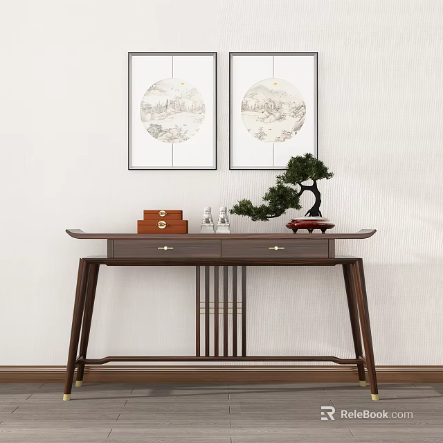 Elegant Modern Entryway Console Table With Decorative Boxes And Small Bonsai Plant 3d model