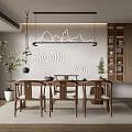 Tea Room Interior Design With Wooden Table Chairs Circular Wave Wall Pendant Light And Plants