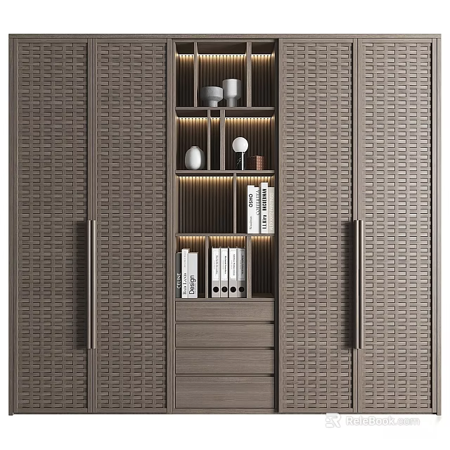 Modern Minimalist Wardrobe With Textured Doors Open Storage Drawers And Decorative Items 3d model 