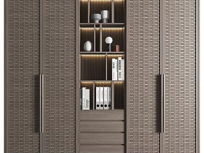 Modern Minimalist Wardrobe With Textured Doors Open Storage Drawers And Decorative Items 3d model