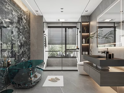 Modern Bathroom With Marble Walls Glass Bathtub Large Window Smart Toilet Double Vanity Green Plant 3d model