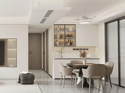 Modern Dining Living Room Interior With Open Layout Dining Table Chairs Display Cabinet And Natural Light 3d model