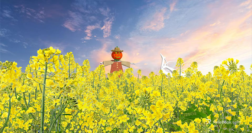 Yellow Rapeseed Flowers Field With Scarecrow Under Blue Sky And Sunset Clouds 3d model 