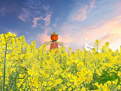 Yellow Rapeseed Flowers Field With Scarecrow Under Blue Sky And Sunset Clouds 3d model