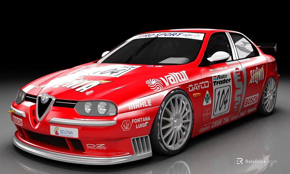 Red Alfa Romeo Race Car With Sponsor Logos Number 104 And Aerodynamic Design 3d model 