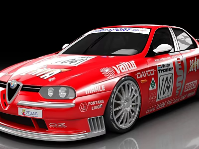Red Alfa Romeo Race Car With Sponsor Logos Number 104 And Aerodynamic Design 3d model