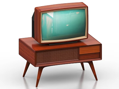 Vintage Television on Retro Wooden TV Stand with Drawer and Grille Panel Legs 3d model