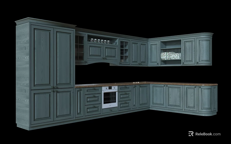 Elegant Modern Kitchen With Gray Wooden Cabinets Wooden Countertop And Oven 3d model 