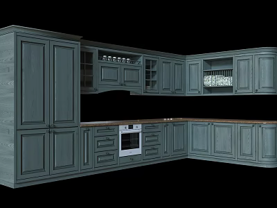 Elegant Modern Kitchen With Gray Wooden Cabinets Wooden Countertop And Oven 3d model