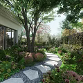 Lush Garden Landscape With Stone Path Trees Flowers Building And Sunlit Greenery