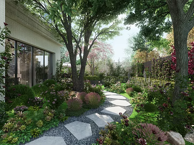 Lush Garden Landscape With Stone Path Trees Flowers Building And Sunlit Greenery 3d model