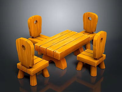 Natural Wooden Dining Table And Four Chairs With Simple Design And Round Back Holes 3d model
